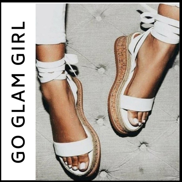 Glam Girl Fashion Shoes - NWT White Cork Wedge Platform Sandal w/Ankle Wrap